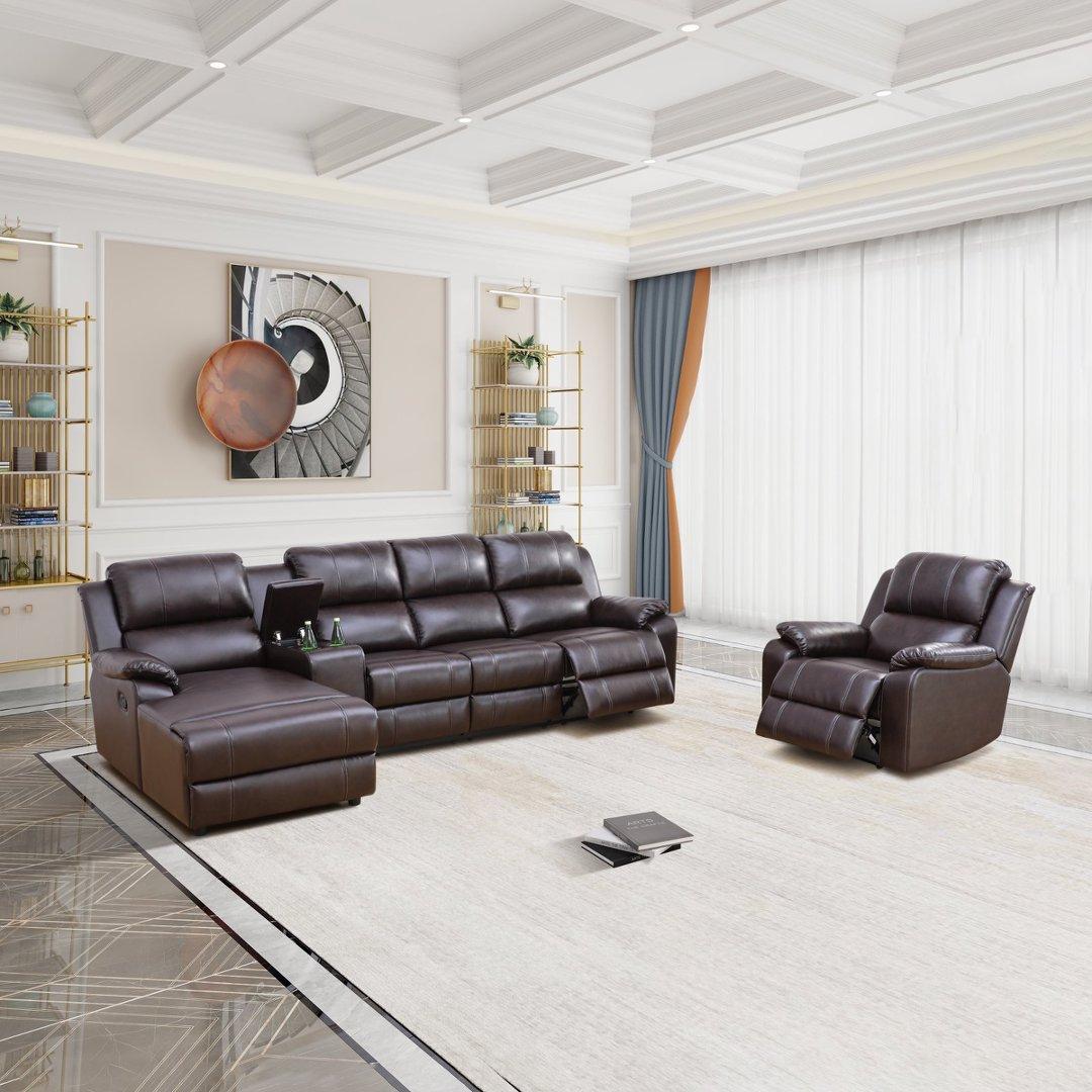 Brown Breathing Leather 4-Piece Living Room Recliner Sofa Set