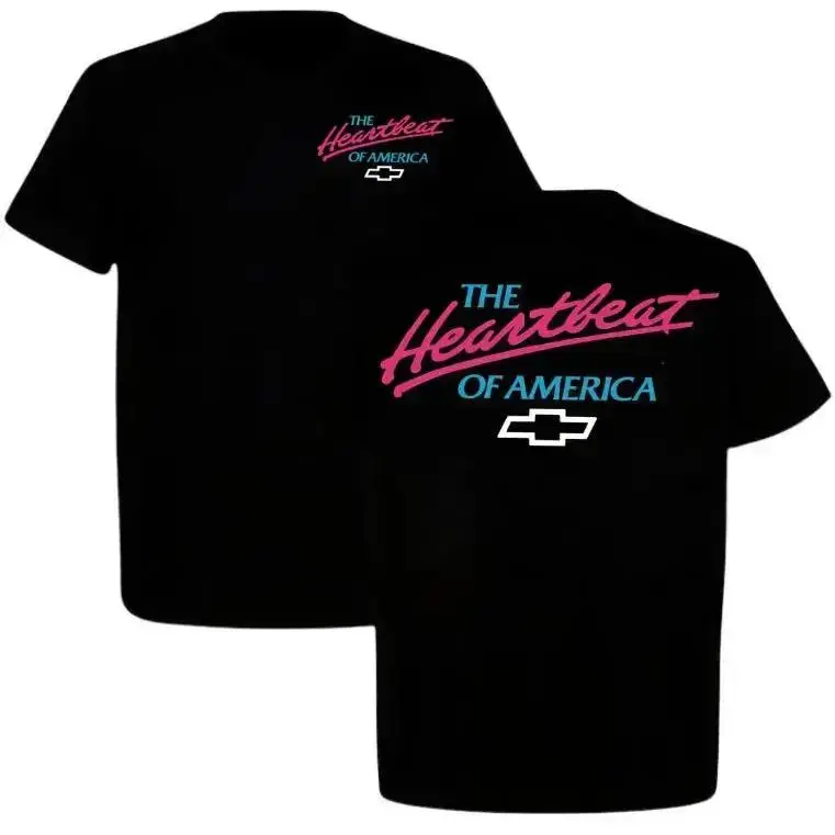 Women's Graphic T-Shirt, Retro Neon 'Heartbeat of America' American Car Print, Soft Cotton Short-Sleeve Classic Crew Streetwear Top, Shortsleeve, Round Neck, American Cars, Vintage Graphic Tees