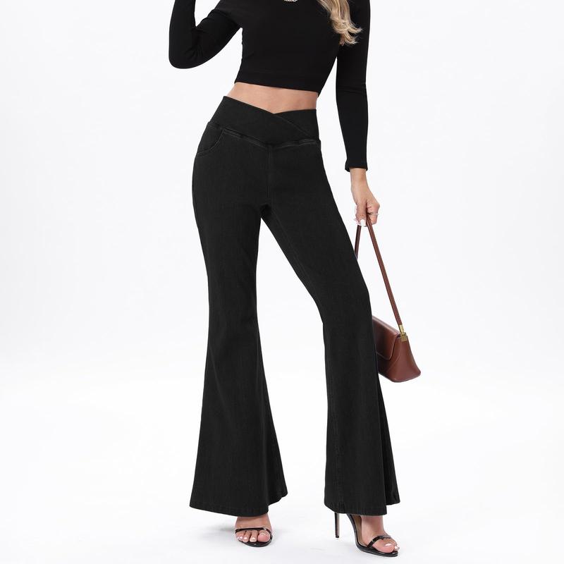Bell Bottom Jeans for Women High Waisted Stretchy Flare Jeans Pull On Wide Leg Jean Woman V Cross Flare Leggings Pants