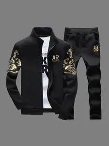 Fashionable men’s casual two-piece set featuring gold letter AR print: lightweight zip stand-collar jacket and elastic-waist pants, street-style design.