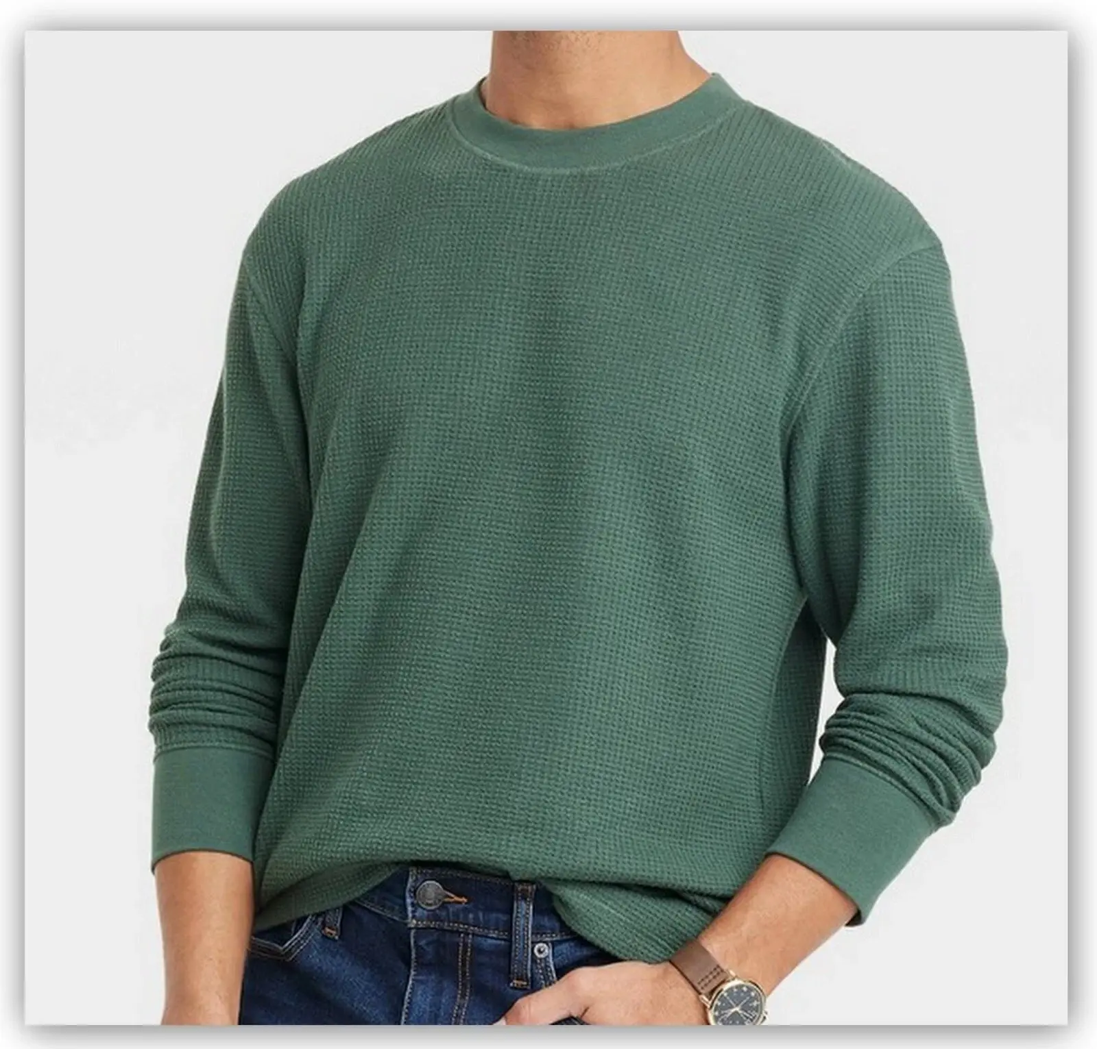Goodfellow & Co Men's Thermal Waffle Knit Tops, Casual Long Sleeve Crewneck Shirt in a Soft Cotton Polyester Fabric, Menswear, Ribbed, Plain, Round Neck, Knitwear, Solid Plain, Cotton Blend, 29% Recycled Polyester, 71% Cotton