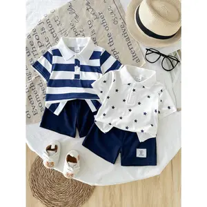 4-piece set of baby boy short-sleeve shirts, featuring stripes and star prints, including a POLO shirt and elastic waist shorts|   Casual style, slightly stretchy fabric, suitable for spring and summer, outdoor activities