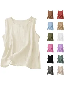 Women's Linen Tank Top, Summer Sleeveless Loose-Fit Breathable Vest, Casual Minimalist Plain H-Type Long Top, Versatile Basic Shirt, Womenswear