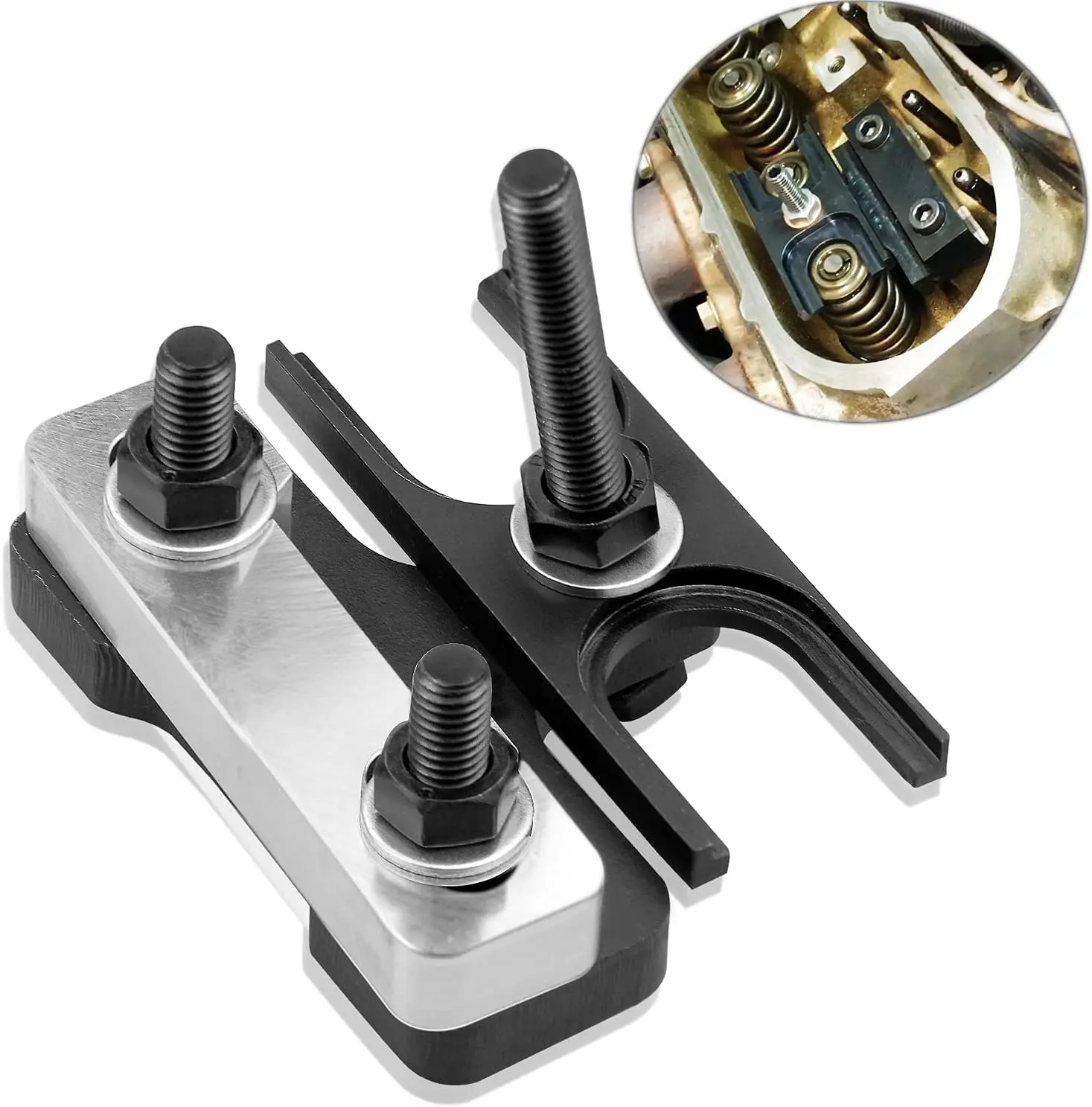 Engine Valve Spring Compressor Tool for Chevy LS Engines (4.8L,5.3L,5.7L,6.0L,6.2L,LS1,LS2,LS3,LSX) - 3/16 Thick Steel Plate, B7 Hardware, 14mm Stud, Includes Stud Nut, Pneumatic Hold, Inflator Connector, Closes Valves, Easy Domestic Vehicle Installation,