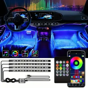 Car LED Interior Light, RGB 48 LED Multicolor Music Car Interior Strip Light with Remote Control, Waterproof Lighting Kit with Charger, Car Accessory (USB)