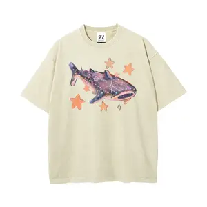 Dreamy Starry Whale Shark Ocean Graphic Washed T-Shirt, Vintage Distressed Oversized Loose Fit Casual Streetwear Unisex Aesthetic Cosmic Sea Animal Trendy Hip Hop Tee