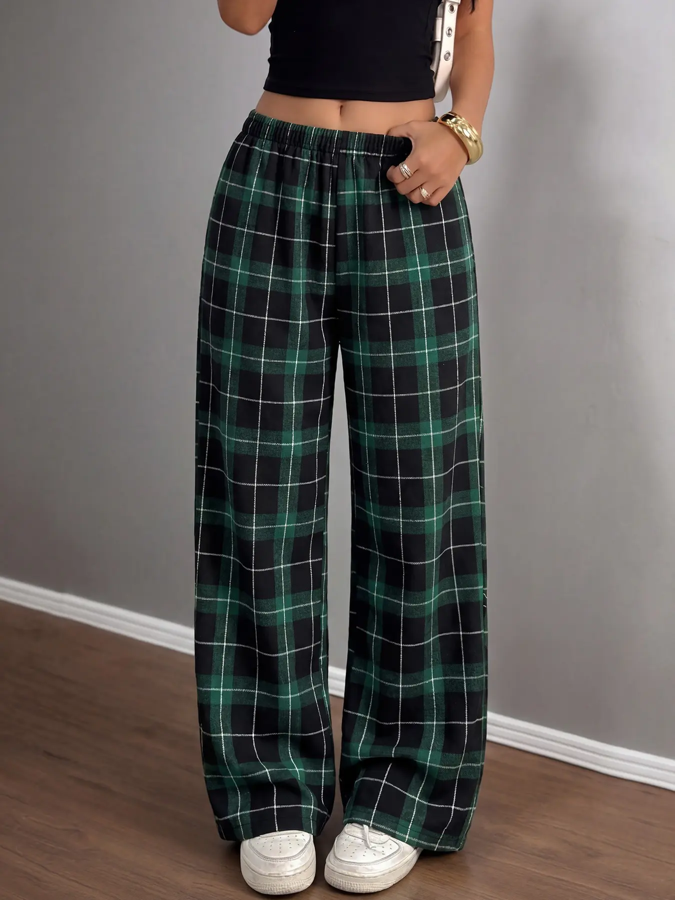 Unisex Plaid Long Pants Women, Loose Oversize Straight Fit, Casual Fashion, Mid Waist, Adjustable Drawstring Design, All Seasons, Vintage Y2K Style