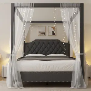 Upholstered Canopy Bed Frame Queen Size with Headboard, Button Tufted, Nailhead Trim Design, No Box Spring Required, Dark Grey