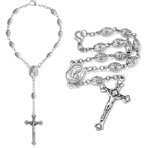2 PCS One Decade Catholic Rosary for Car or Truck Rearview Mirror, Auto Metal Beads Rosary with Mary Medal and Crucifix Cross, Auto Hanging Accessory with Clasp