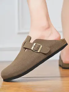 Unisex Cork Heel Clogs, Casual Comfortable Suede Fashion Slippers with Adjustable Buttons, Outdoor Slip-ons and Walking Shoes, Footwear, Flat Shoes, Minimalist Clogs