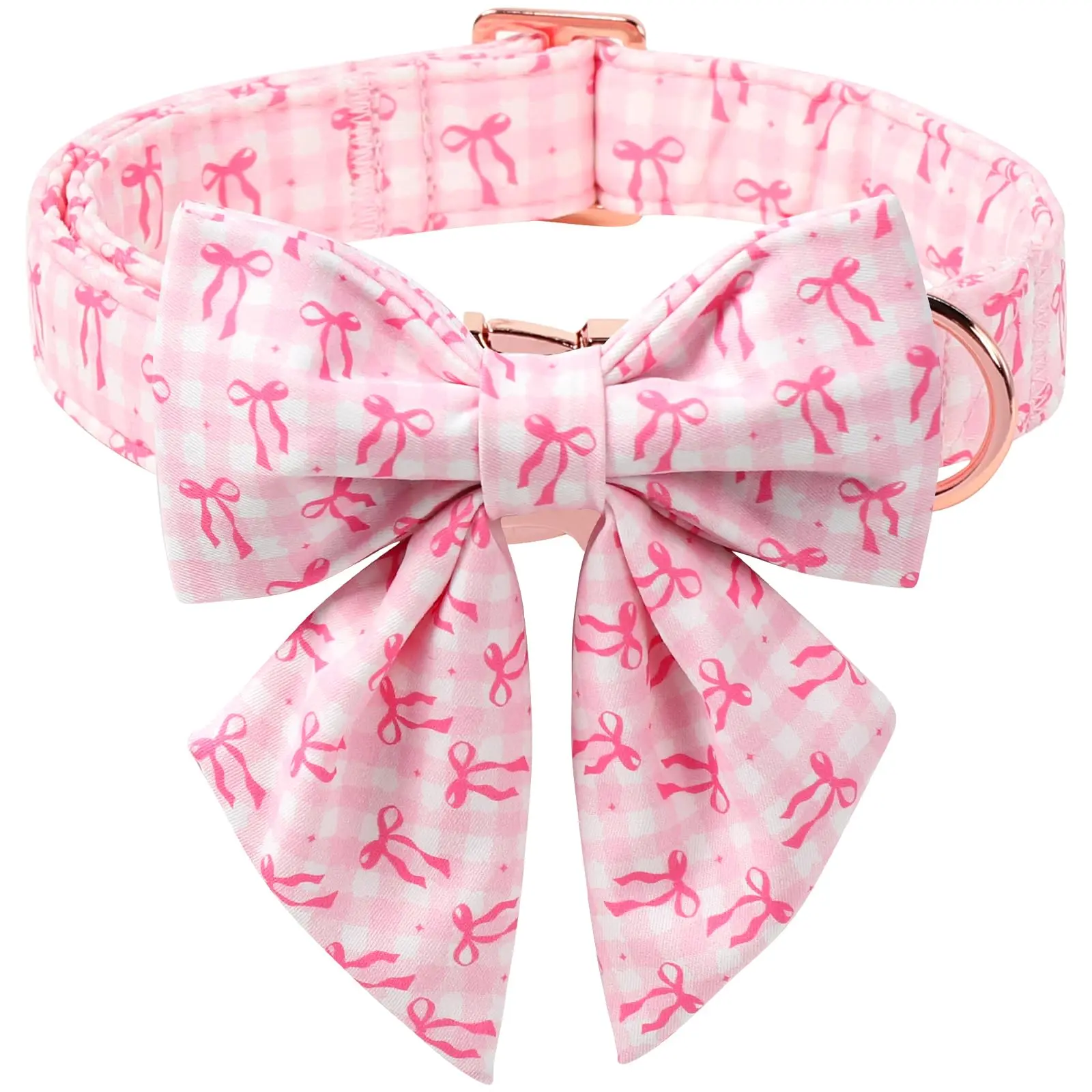 Babole Chew-Proof Dog Collar - Cotton Fabric, Adjustable Collars, Bow Print, Blush Pink, Lady Bow Tie, Safety Metal Buckle, Universal Fit for Small-Medium-Large Dogs Puppy Pet Accessory