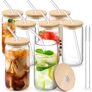 Bamboo Lid Drinking Glasses Set 8/10/12pcs 16oz Glass Straw Cups for Iced Tea Beer Coffee Aesthetic Coffee Bar Gift 2 Brushes Ideal for Coffee Lovers