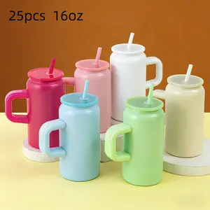 25pcs  16oz Blank Sublimation Matt Macaron Color Stainless Stee Can with Handle For Laser Engraving Drinkware Flasks Stainless Steel 16oz Flask with handle,   Rainbow Colors, Leak-Proof Design for Versatile Beverage Use-Resistance