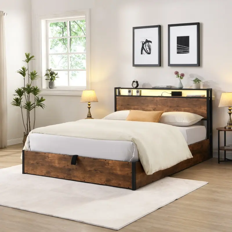 【Bellemave】Lift-up Storage Bed Frame, Full /Queen/Size Bed Frame with Bookcase Headboard & LED Lights, Wooden Platform Bed Frame with Charging Station, No Spring Box Needed, Rustic Brown