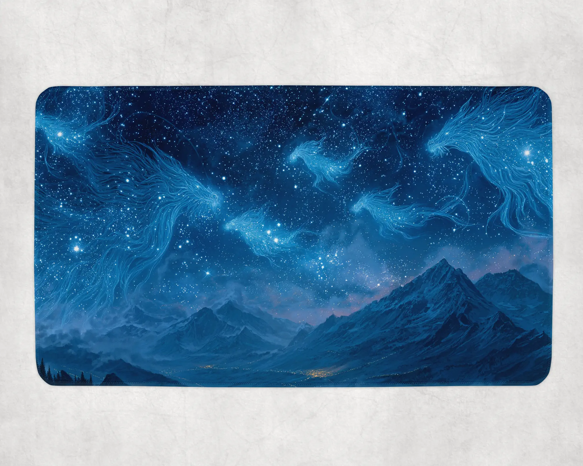 Celestial Spirit Sky Mat Fantasy Night Stars MTG Mat with Glowing Ethereal Creatures Magic the Gathering Star Mat 24" x 14" Premium Cloth Fabric & Neoprene Rubber Base
