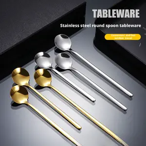 Stainless Steel Spoon Gold Small Round Spoon Household Teaspoon Dessert Spoon Long Handle Stirring Spoon Wedding