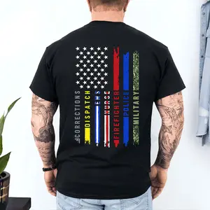 [100% Cotton] First Responder American Flag T-Shirt, Patriotic First Responder Thin Line Graphic Tee Shirt, USA Flag Corrections Dispatch EMS Firefighter Police Military Short Sleeve Shirt, Patriotic Gift For Men Women.