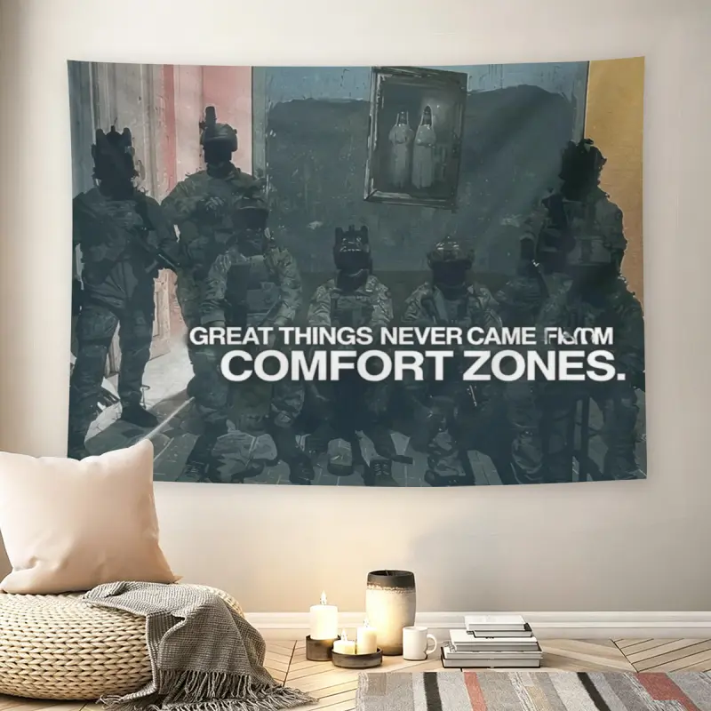 Tactical Soldier Team Comfort Zone Quote Wall Flag, Military Inspirational Text Decorative Tapestry, Mid-century Modern Grunge Room Decor for Adult Fans, Motivational Special Forces Wall Hanging, Living Room Wall Decor