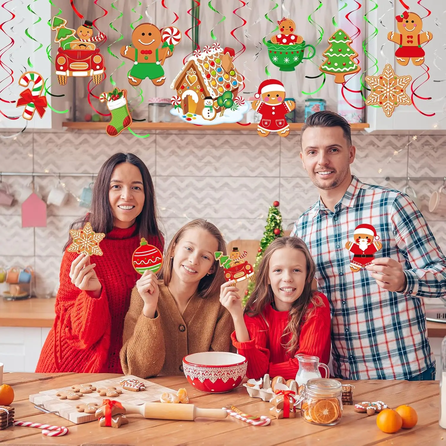 Christmas Hanging Swirls Decorations - 53 Pcs Gingerbread Man, Elves, Truck & Red Cardinals for Xmas Party Supplies Ornaments