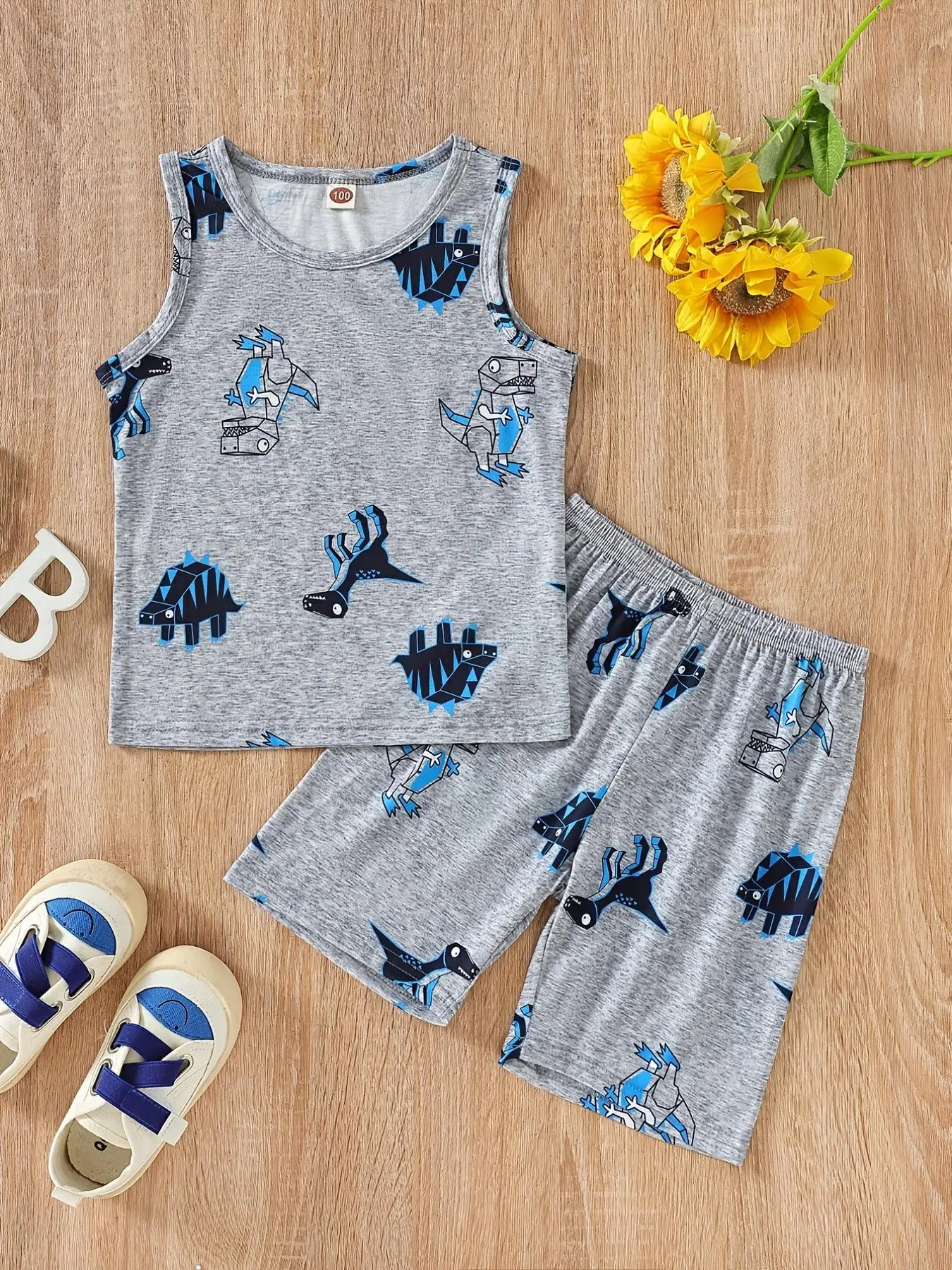 Toddler Boy's Cartoon Dinosaur Print Tank Top & Shorts Set, Casual Sleeveless Top & Shorts, Summer Outfits Clothes for Kids