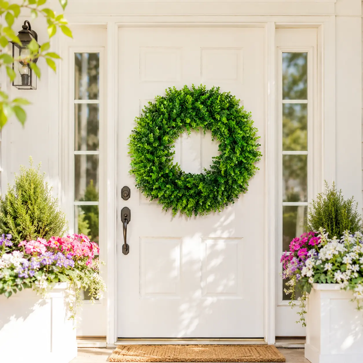 20in & 24in Foldable Boxwood Wreath with Hello Sign & Ribbon, Large Size Boxwood Wreath for Front Door Decoration, Party Decoration Supplies, Greenery & Holiday Decor for Porch, Indoor Outdoor Year-Round Use
