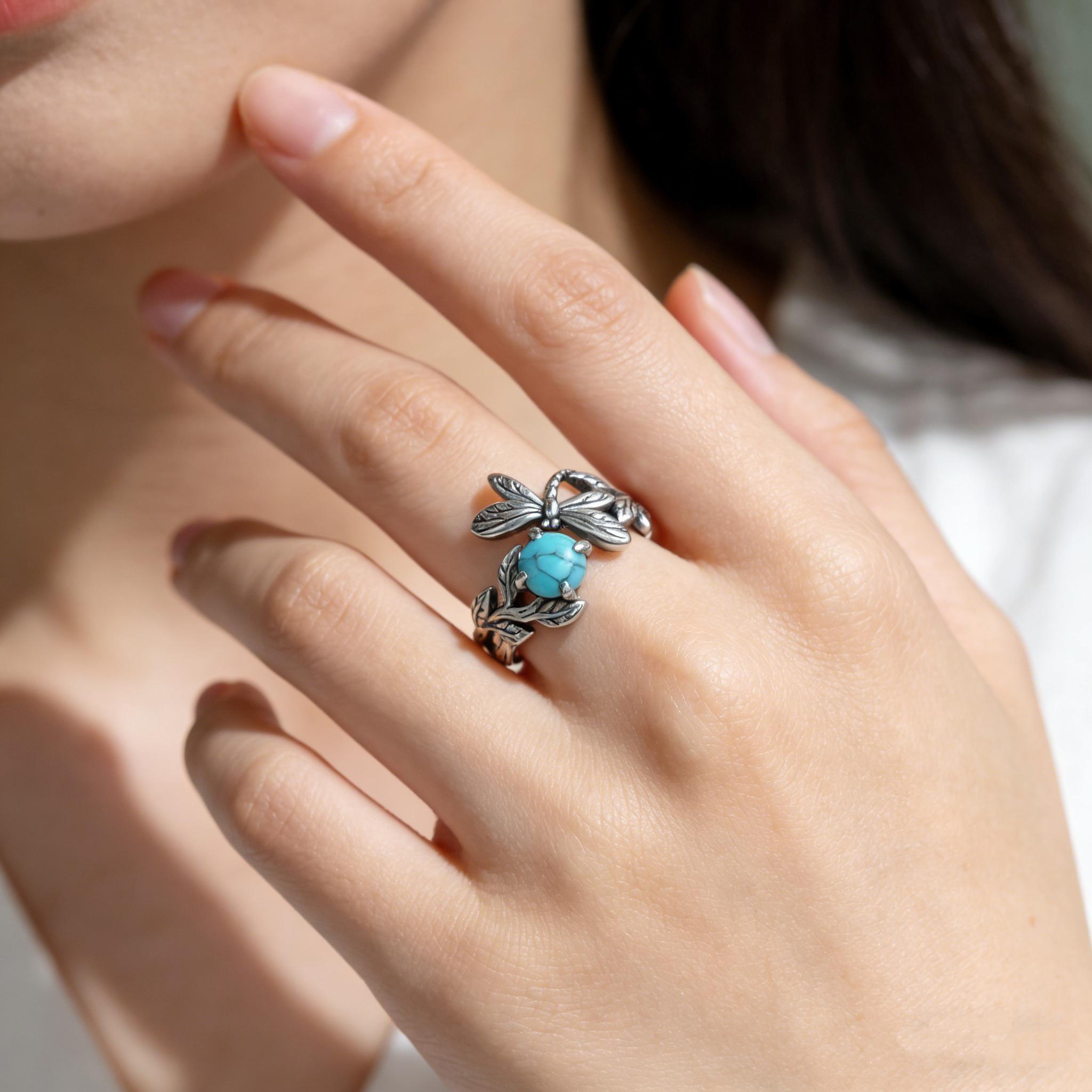 HXS 925 Sterling Silver Dragonfly Ring with Turquoise, Timeless Boho Jewelry