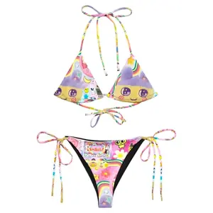 Women Kawaii Anime Cartoon Print Bikini Set Cute Y2K Rainbow Star Moon Two Piece Triangle Halter Tie Side Swimsuit Summer Beach Festival Vacation Aesthetic Colorful Bathing Suit Comfy