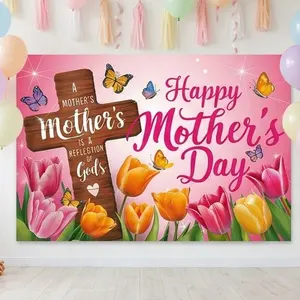1 PC 2D Flat Banner Backdrop Happy Mother's Day Floral Butterfly Wooden Cross Photography Background for Party Decor