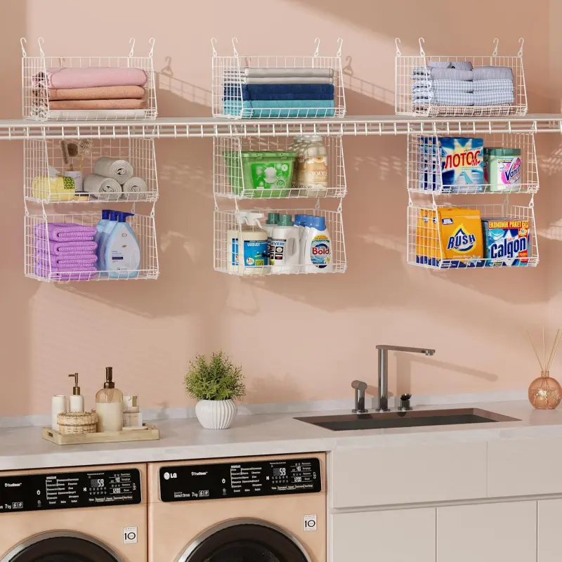 3-Tier Hanging Laundry Basket Organizer:Foldable Wire Shelf Laundry Room Organizer with 360°Rotating Hooks Small Space Solutions Closet Hanging Organizer - Laundry Organization, White Patent
