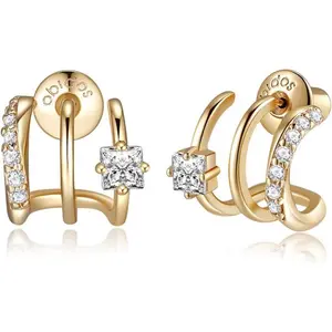 14K Gold Plated Triple Huggie Illusion Stud Earrings | Double Huggie Hoop Earrings for One Hole | Gold Hoop Earrings for Women | Drop earrings