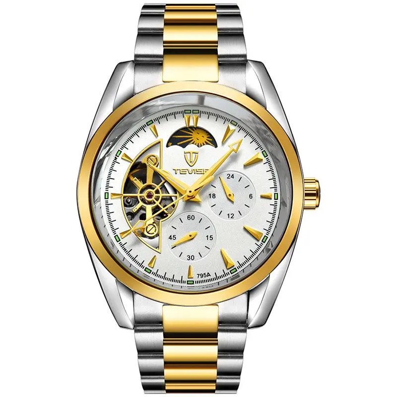 TEVISE Men's Luxury Business Analog Automatic Mechanical Watch - Skeleton Flywheel Movement, Celestial Moon Phase Dial, Waterproof Analog Wristwatch, Analog Watch