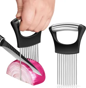 Onion Holder for Slicing - Stainless Steel Vegetable & Fruit Cutter Chopper for Onions, Tomatoes, Avocados, Potatoes, Eggs, Meat & Lemon - Kitchen Slicer Assistant with Neat Guide & Tenderizer
