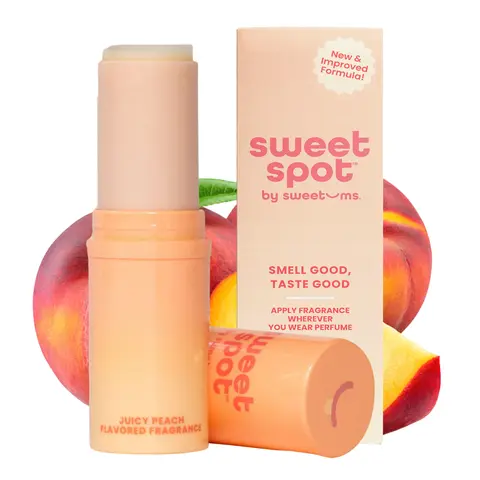 [Sweet Spot] Juicy Peach Flavored Solid Fragrance | Perfume With Scent & Flavor | Solid Wax Based Stick | Mess-Free Portable Kissable Fragrance For External Body | Paraben Free, Vegan, Woman-Owned Company, Peach Gourmand Fragrance