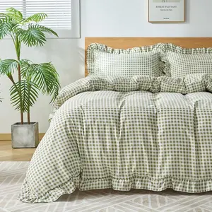 Gingham Duvet Cover Queen Size 3 Pieces Soft Breathable Microfiber Plaid Comforter Cover with Zipper Closure & 2 Pillow Shams Ruffle Farmhouse Vintage Decor Sage Green