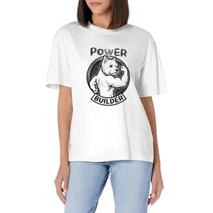 180g Women 100% Cotton Crew Neck Tee | power builder buff dog（Customizable design available）