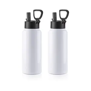 32 OZ Sublimation Sports Water Bottles White With Wide Mouth Handle Cap And Straw 2 Pack