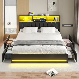 AOGLLATI King Size Bed Frame with 4 Storage Drawers, Black King Bed Frame Wood with Charging Station (Type-C and USB), Led Light and Hidden Bookcase Headboard