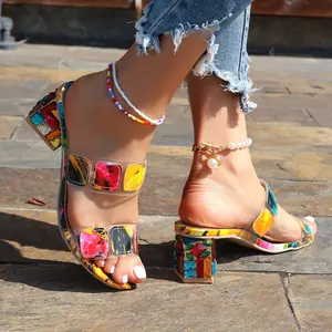 Women's Colorful Mosaic Print Slip-On Sandals with Double Ankle Straps & Block Heels - Synthetic Cover Dressy Party Shoes for Summer, Casual Outings & All-Season Wear Footwear Girl Multicolor