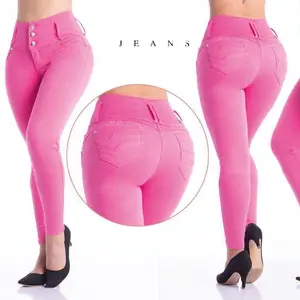 Jeans Colombiano Ref2295 - Pink High-Waisted Stretch Denim with Button Detail and Zipper Closure