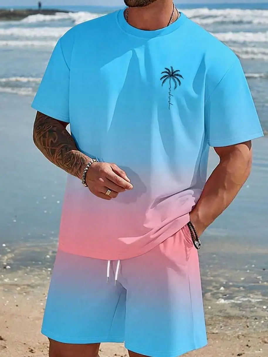 Men's Ombre Coconut Tree Print T-Shirt & Shorts Set - Summer Beach Vacation Outfits, Casual Two-Piece Set