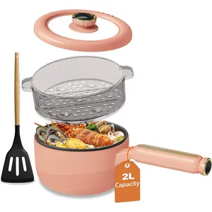 Hot Pot Electric with Steamer, 2L Electric Pot, Non-Stick Portable Cooker, Portable Pot, Saute Pan for Steak, Egg, Ramen, Soup with Dual Power Control ( Spatula Included), Peach