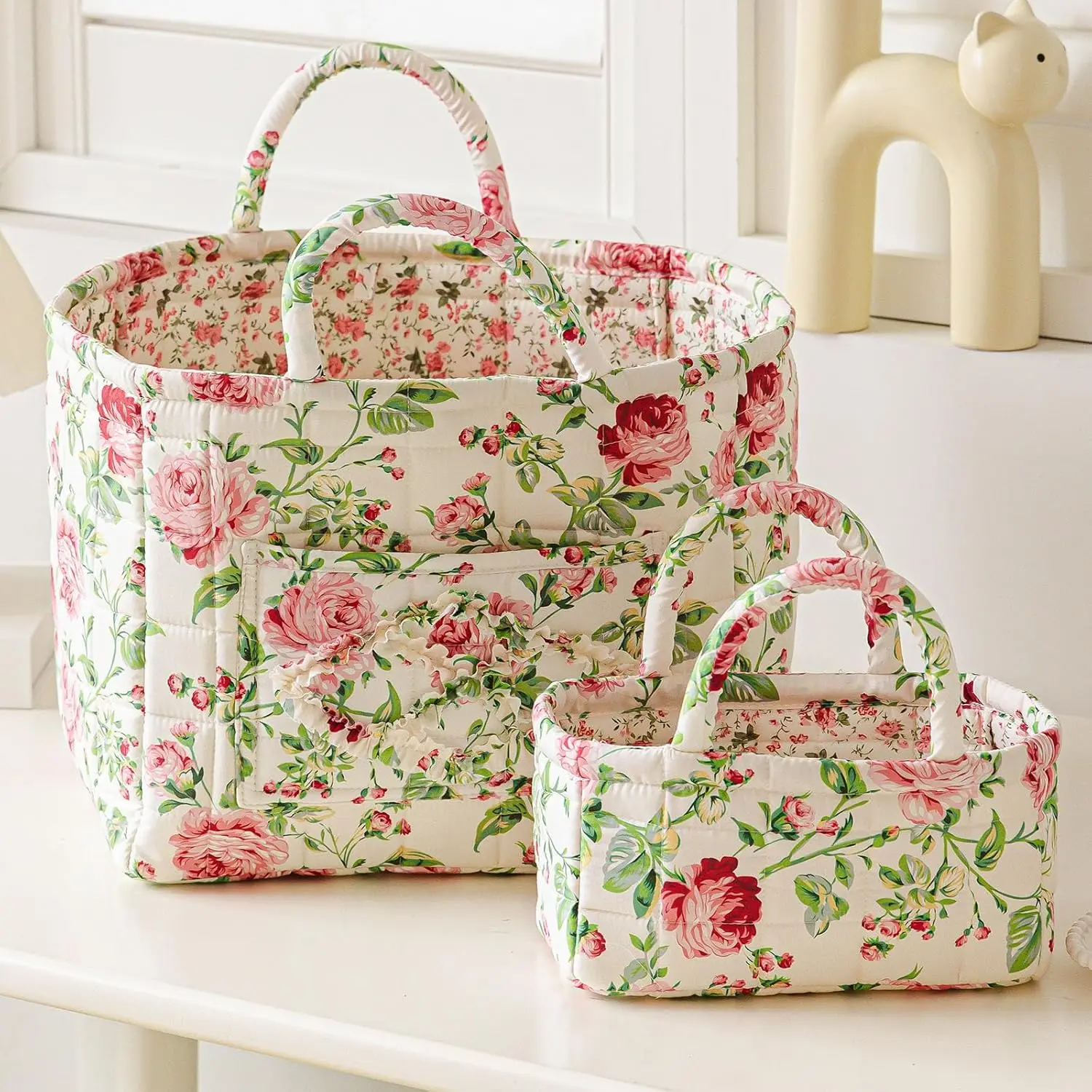 2 Pack Boho Quilted Baskets for Organizing, Basket Organizer Gift Basket with Handles, Bins for Toys, Books, Towels, and Clothes, Collapsible(Floral A)