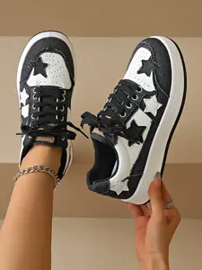 Women's Star Pattern Lace-Up Sport Shoes, Round Toe Low Top Fashion Design, Comfortable Casual Plus Size Women's Shoes, Sneaker