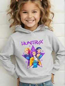 Girls' Hooded Sweatshirt Cartoon Huntrix Star Design, Spring & Fall Casual Long Sleeve Double-Sided Print Jacket, Graphic Casual Hoodie