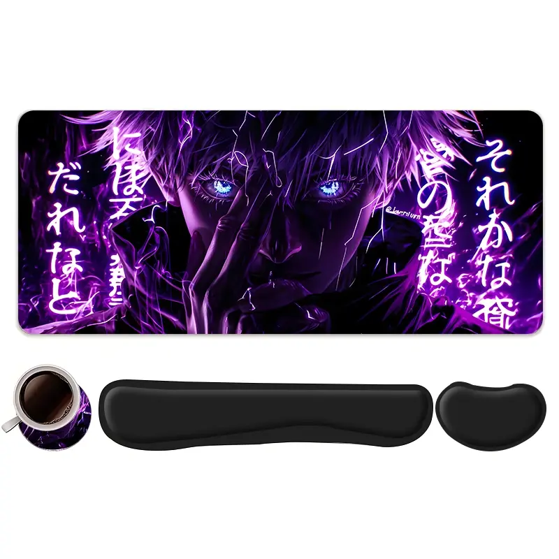 4pcs Cool Anime Ninja Design Mouse Pad + Keyboard Wrist Rest + Ergonomic Mouse Pad + Coaster Set For Desktop Decoration, Office Accessories Set Ergonomic Wrist Support, Computer Mat Mouse Pad Coaster Suitable For Home Office Gaming