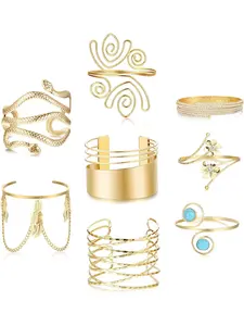 Brilliant 8 Pcs Golden Arm Cuffs Bracelets Retro Upper Arm Cuff Jewelry Set Alloy Arm Bands for Women Men Simple Leaf Snake Arm Bracelet Arm Cuff Jewelry Set