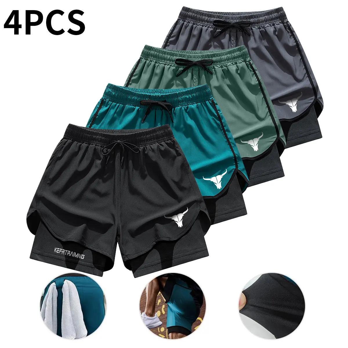 Men’s 2‑in‑1 double‑layer quick‑dry shorts with inner pockets, available in a 4‑pack, suitable for summer gym workouts and training.,summerwins summerwins black Elastic Sporty Shorts Fitness Workout Shorts