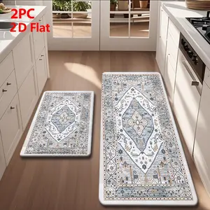 2/3 Piece Flannel Kitchen Mat Set, Bohemian Vintage Style Persian Pattern, Non-Slip, Absorbent, Home Decor