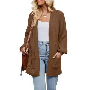 MEROKEETY Women’s Cozy Knit Cardigan – Open Front Long Lantern Sleeve Sweater with Pockets, Soft & Stylish Layer for Winter 2025, Office, or Everyday Outfits