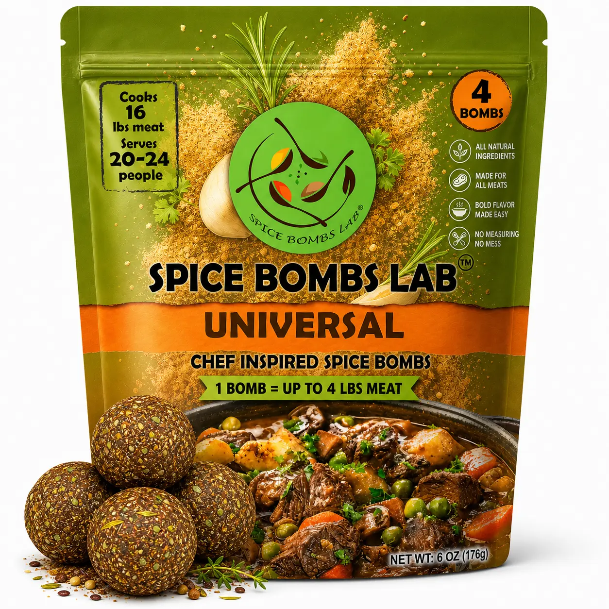 Spice Bombs Lab Universal Seasoning 4 Pack - Versatile Spice Mix for Any Dishes - Chef Made, Easy to Use, Full of Flavor, Mess Free